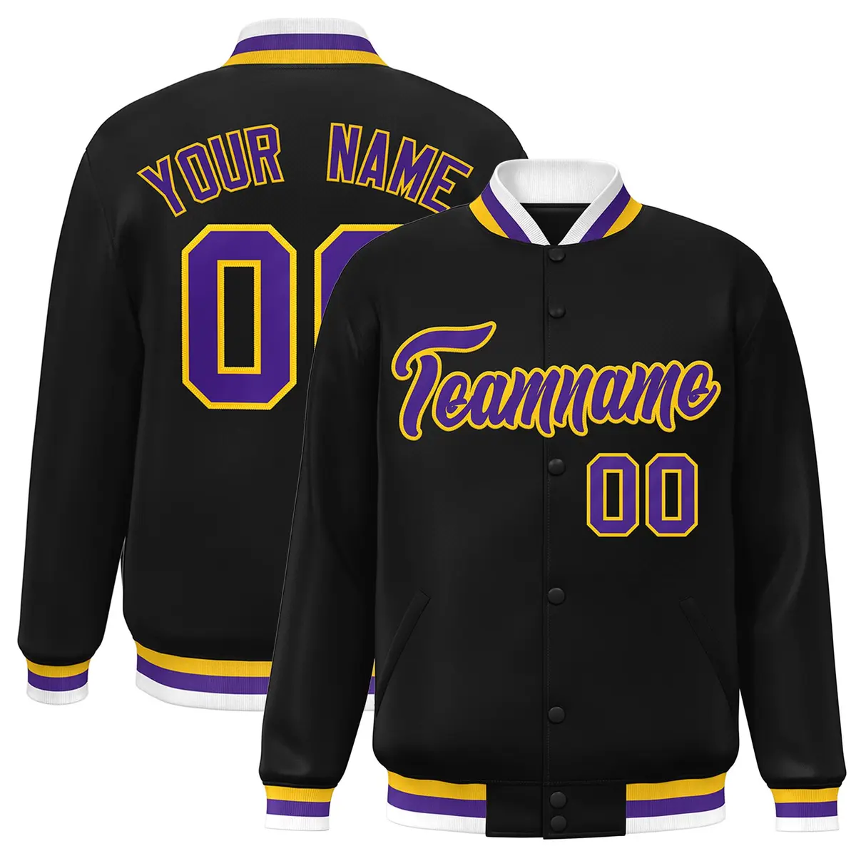 Black Purple-Gold Classic Varsity Full-Snap Letterman Jacket