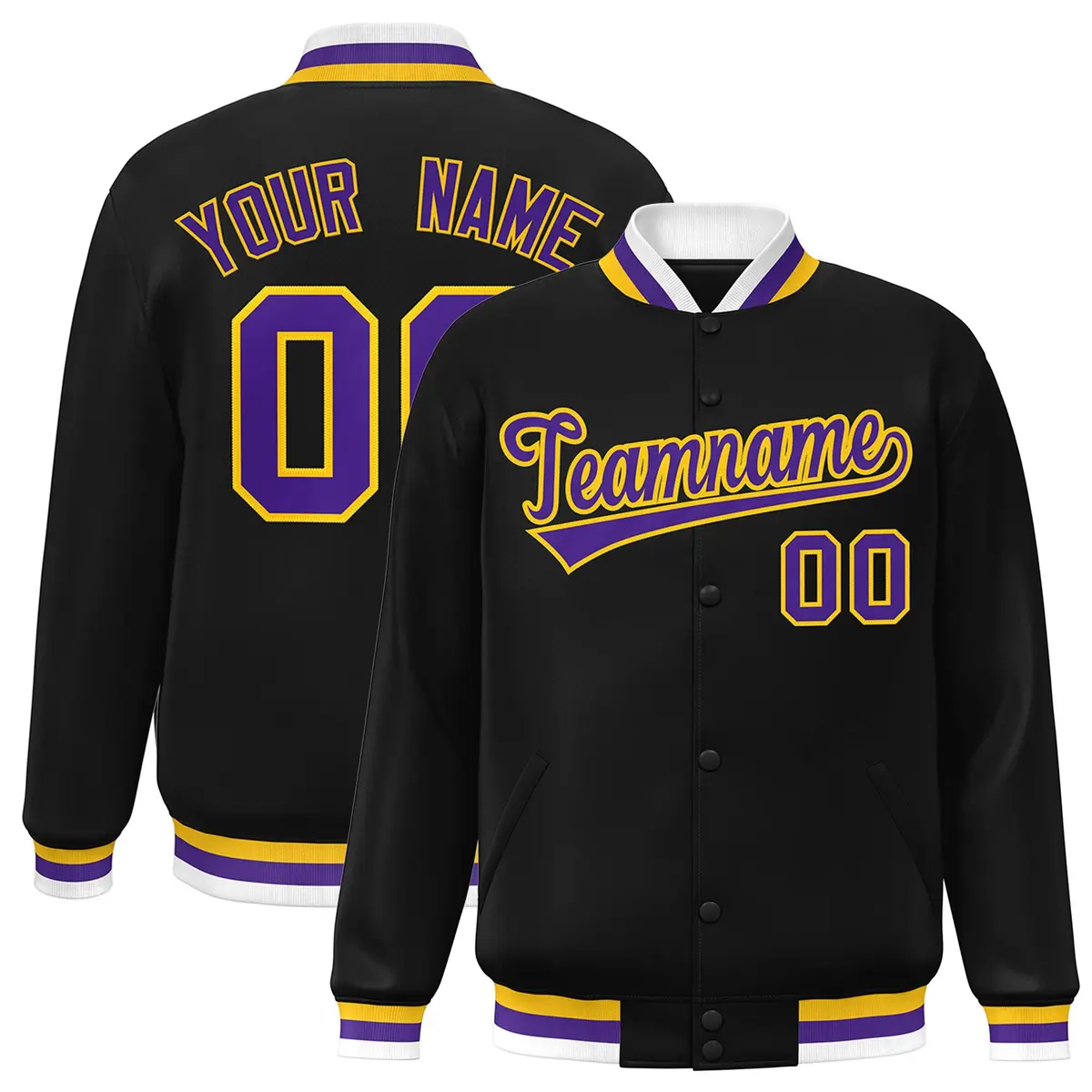 Black Purple-Gold Classic Varsity Full-Snap Letterman Jacket