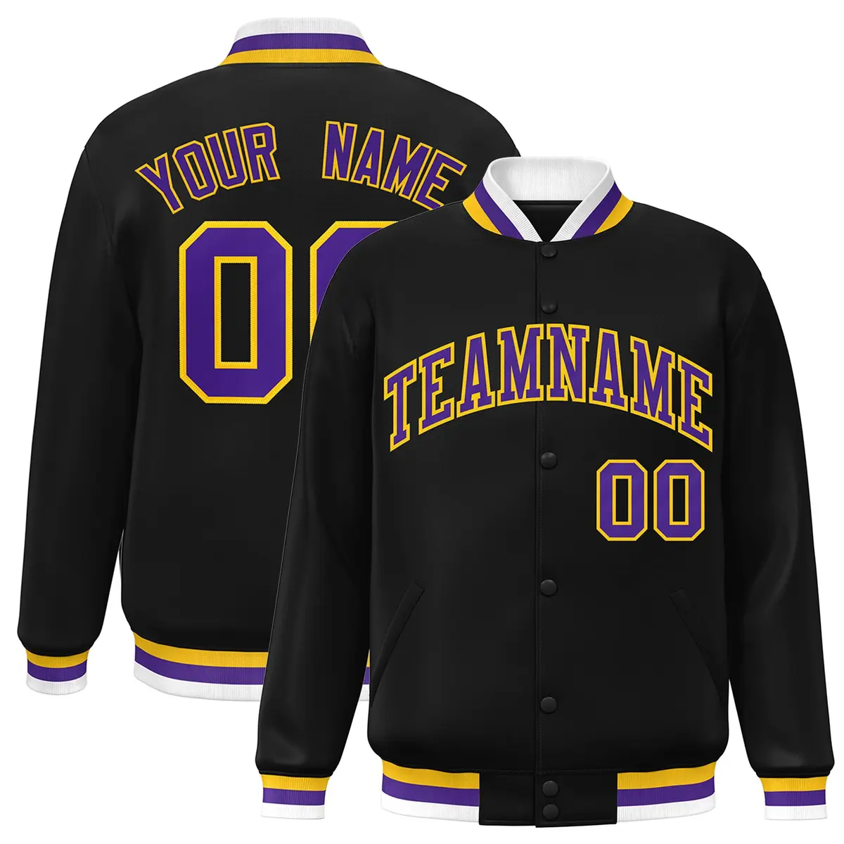Black Purple-Gold Classic Varsity Full-Snap Letterman Jacket