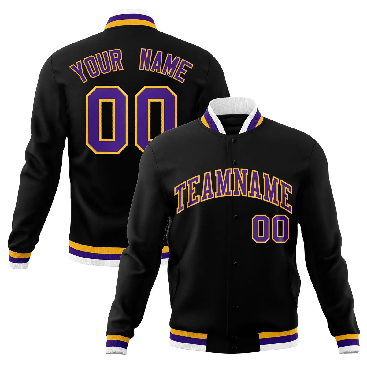 Black Purple-Gold Classic Varsity Full-Snap Letterman Jacket
