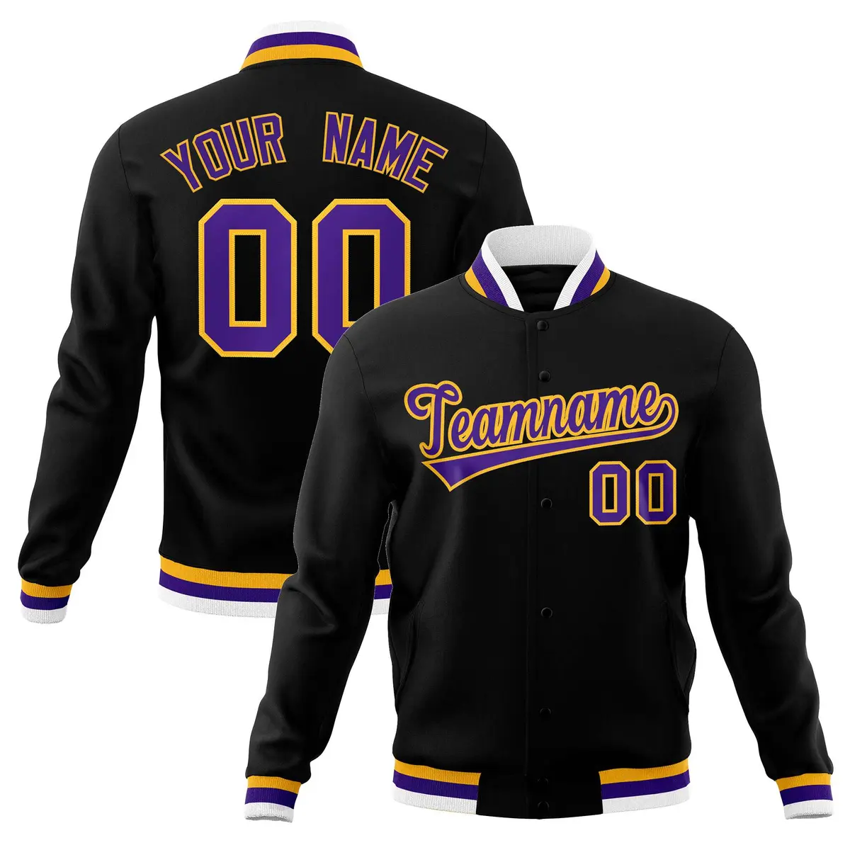 Black Purple-Gold Classic Varsity Full-Snap Letterman Jacket