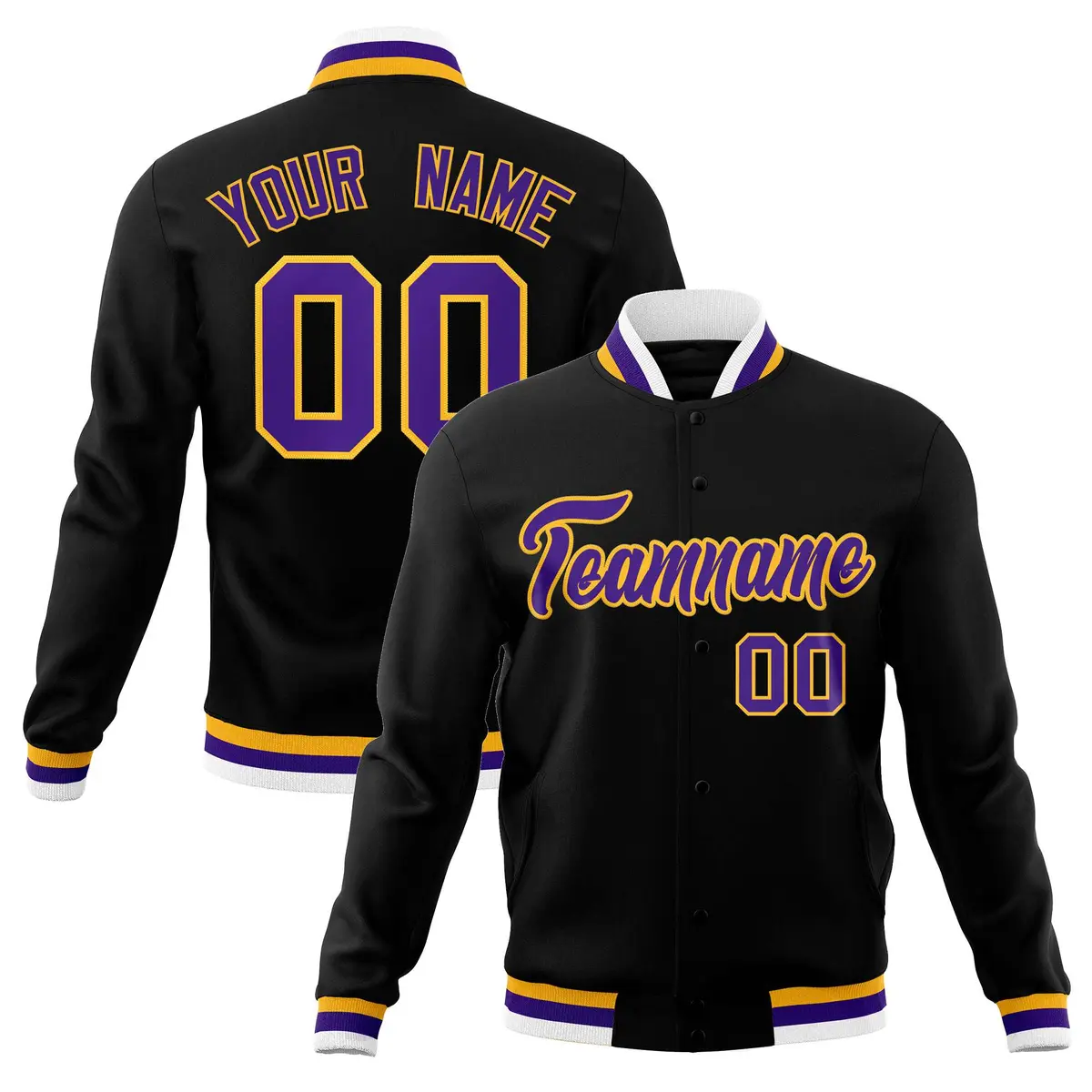 Black Purple-Gold Classic Varsity Full-Snap Letterman Jacket