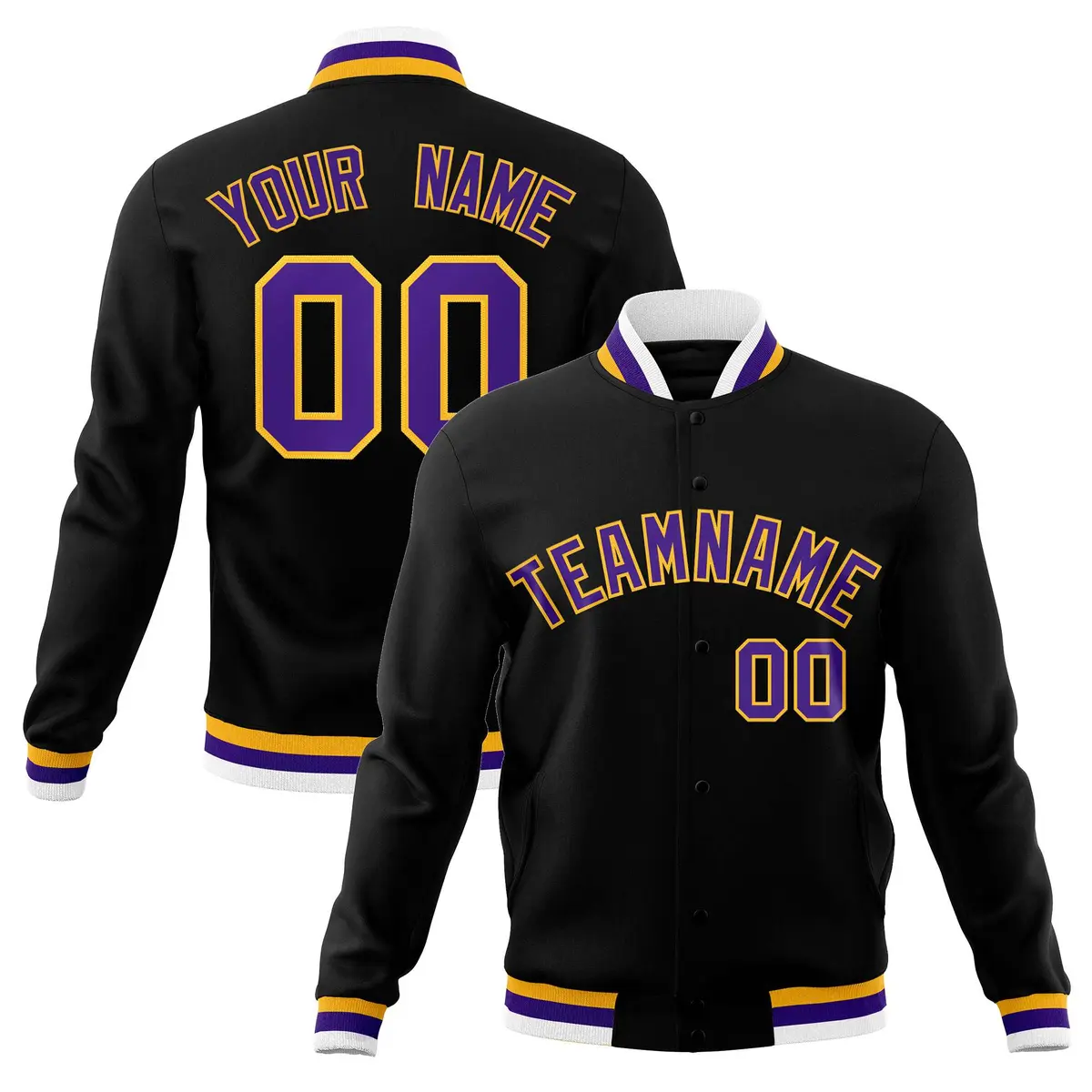 Black Purple-Gold Classic Varsity Full-Snap Letterman Jacket
