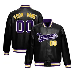 Black Purple Gold Full-Snap Faux Leather Varsity Letterman Jacket 1