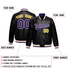 Black Purple Gold Full-Snap Faux Leather Varsity Letterman Jacket 2