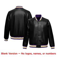 Black Purple Gold Full-Snap Faux Leather Varsity Letterman Jacket 6