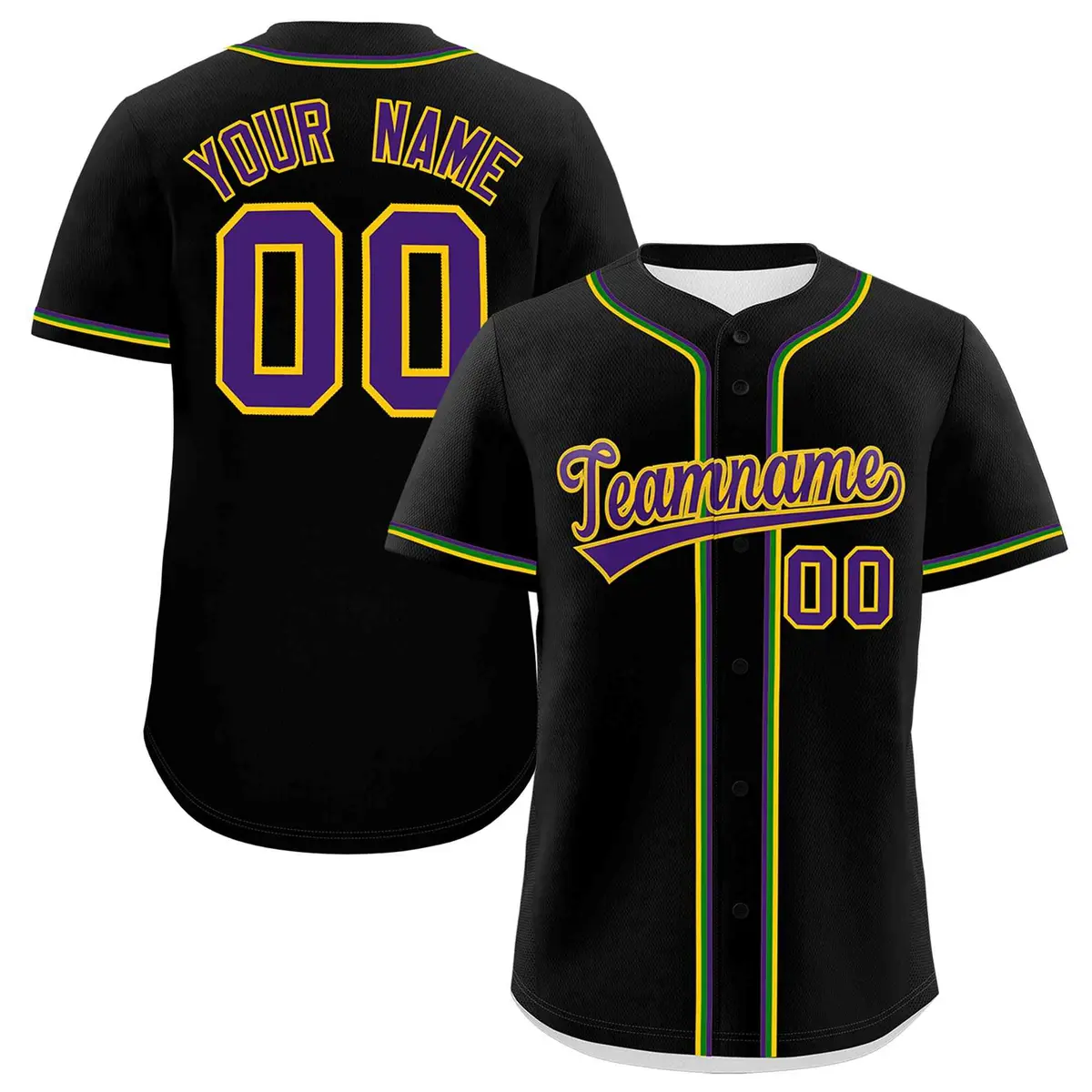 Black Purple Gold Kelly Green Mardi Gras Baseball Jersey
