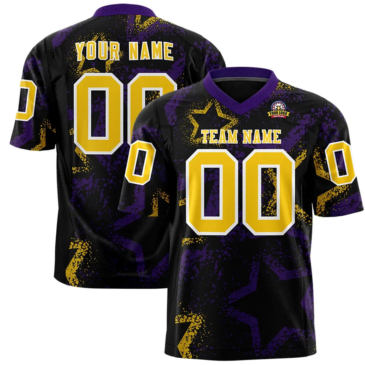 Black Purple-Gold Star Graffiti Football Jersey