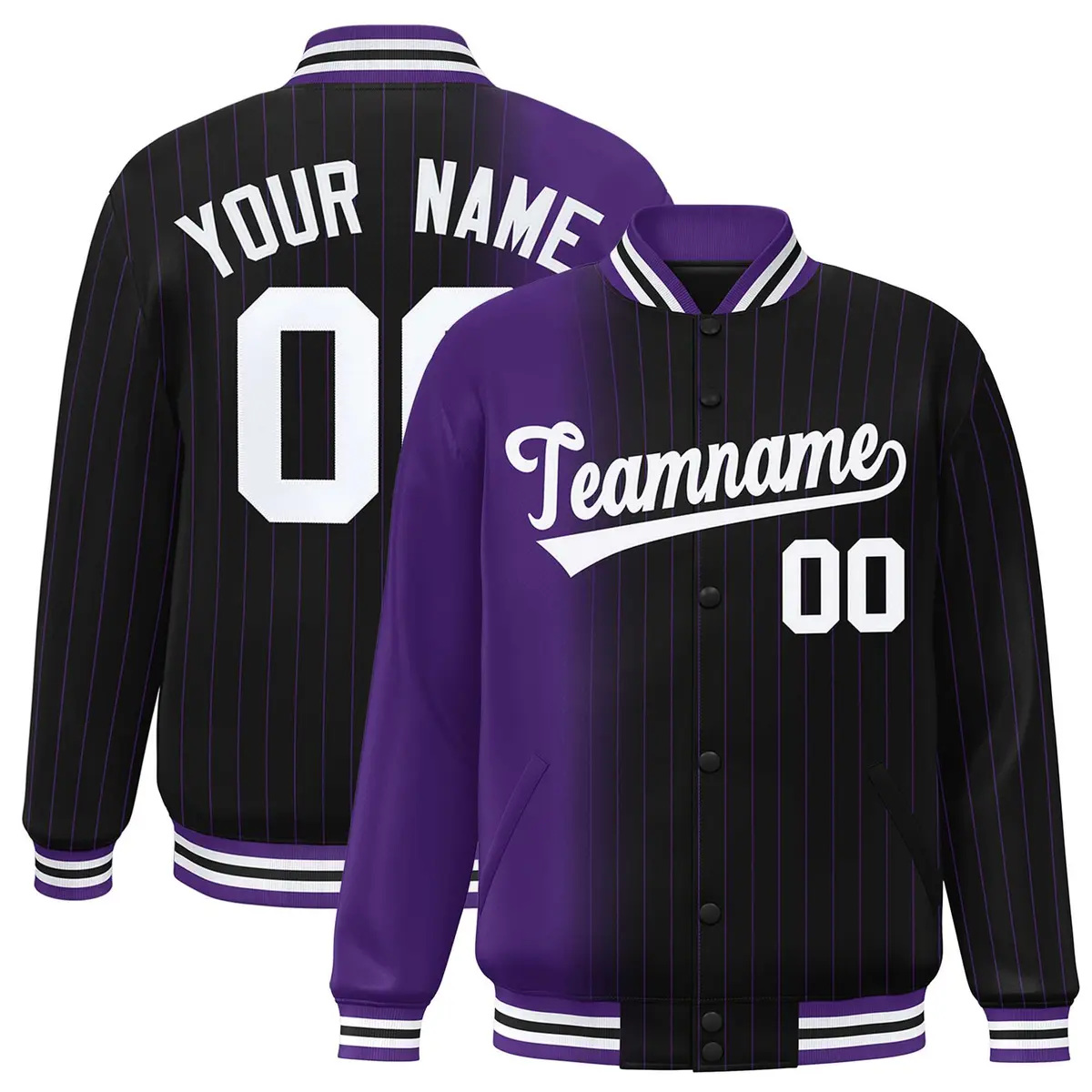 Black Purple Gradient Pinstripe Varsity Full-Snap Baseball Jacket