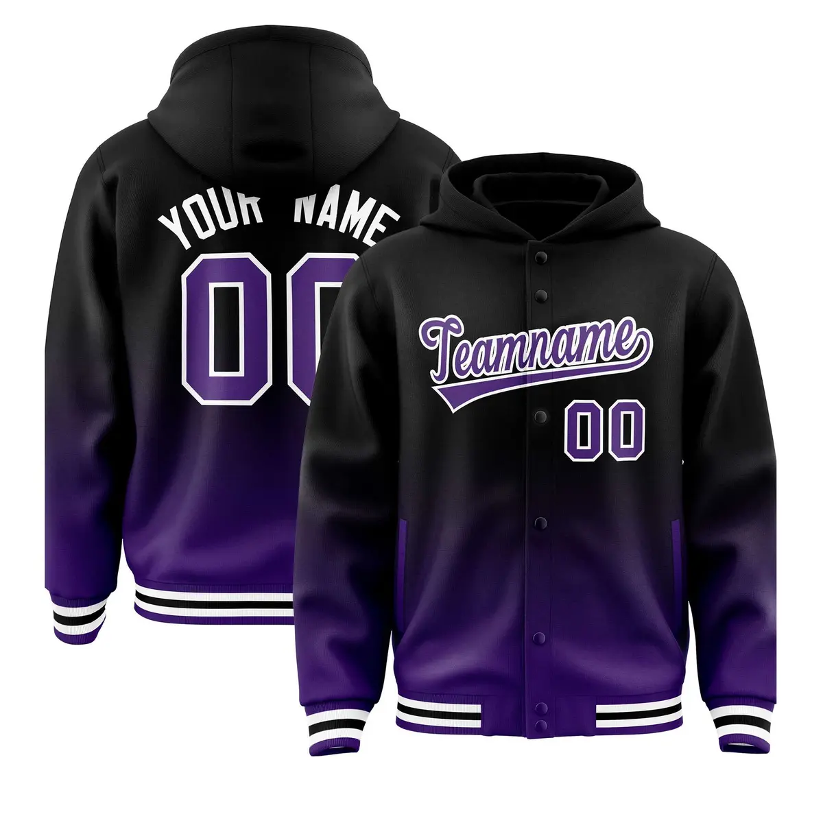Black Purple Gradient Varsity Full-Snap Letterman Jacket Hoodie