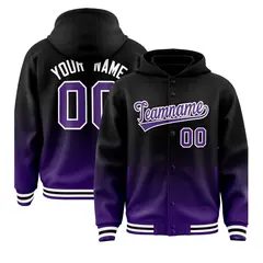 Black Purple Gradient Varsity Full-Snap Letterman Jacket Hoodie