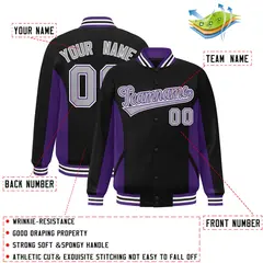 Black Purple-Gray Color Block Varsity Letterman Baseball Jacket 2