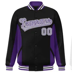 Black Purple-Gray Color Block Varsity Letterman Baseball Jacket 3