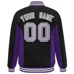 Black Purple-Gray Color Block Varsity Letterman Baseball Jacket 4