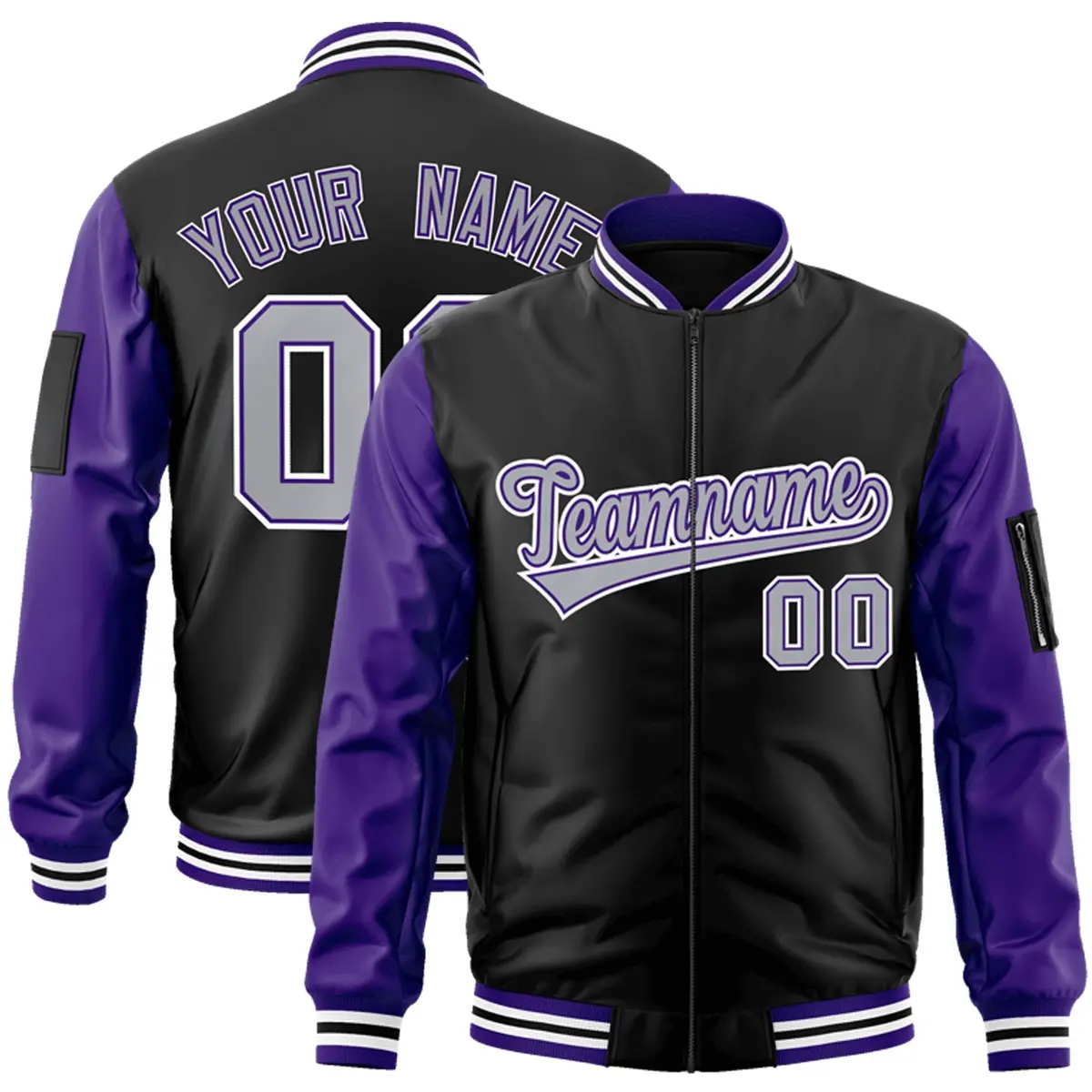 Black Purple-Gray Raglan Full-Zip Varsity Letterman Bomber Jacket