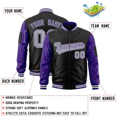 Black Purple-Gray Raglan Full-Zip Varsity Letterman Bomber Jacket 2