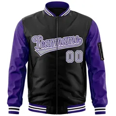Black Purple-Gray Raglan Full-Zip Varsity Letterman Bomber Jacket 3