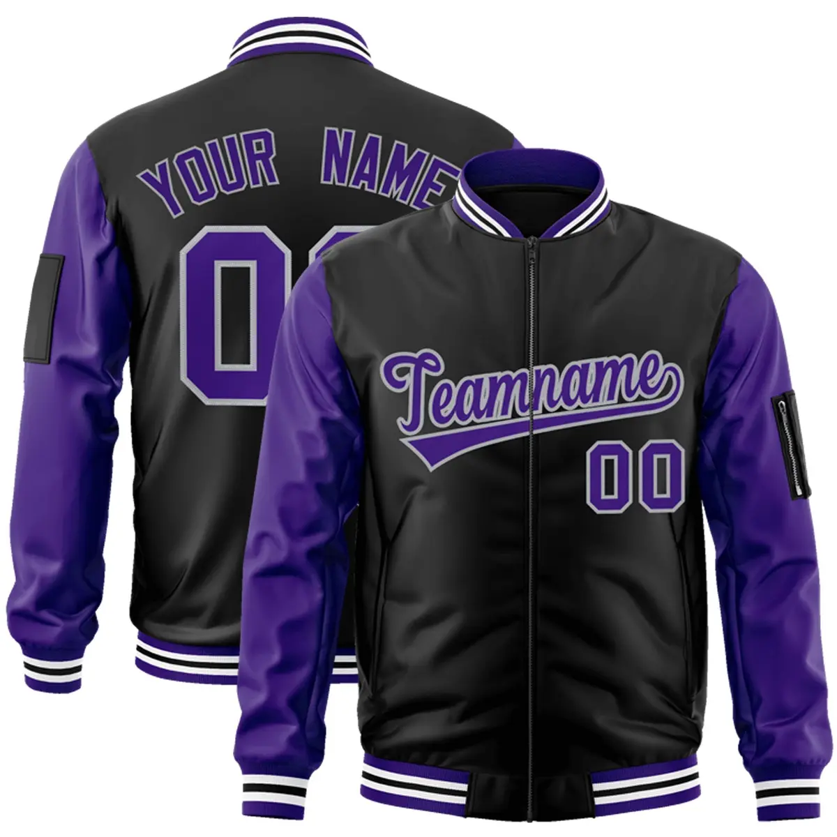 Black Purple-Gray Raglan Full-Zip Varsity Letterman Bomber Jacket