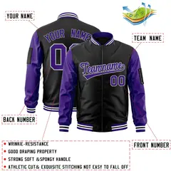 Black Purple-Gray Raglan Full-Zip Varsity Letterman Bomber Jacket 2