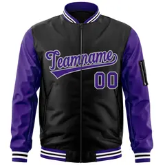 Black Purple-Gray Raglan Full-Zip Varsity Letterman Bomber Jacket 3