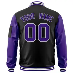 Black Purple-Gray Raglan Full-Zip Varsity Letterman Bomber Jacket 4