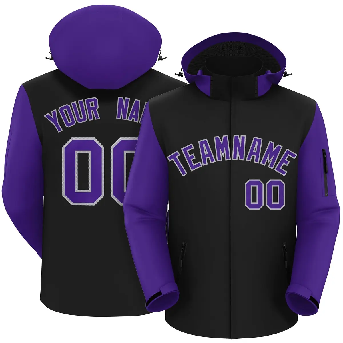 Black Purple-Gray Raglan Sleeves Waterproof Jacket