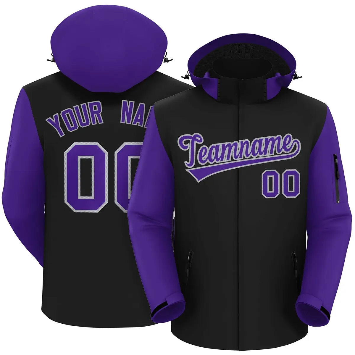 Black Purple-Gray Raglan Sleeves Waterproof Jacket