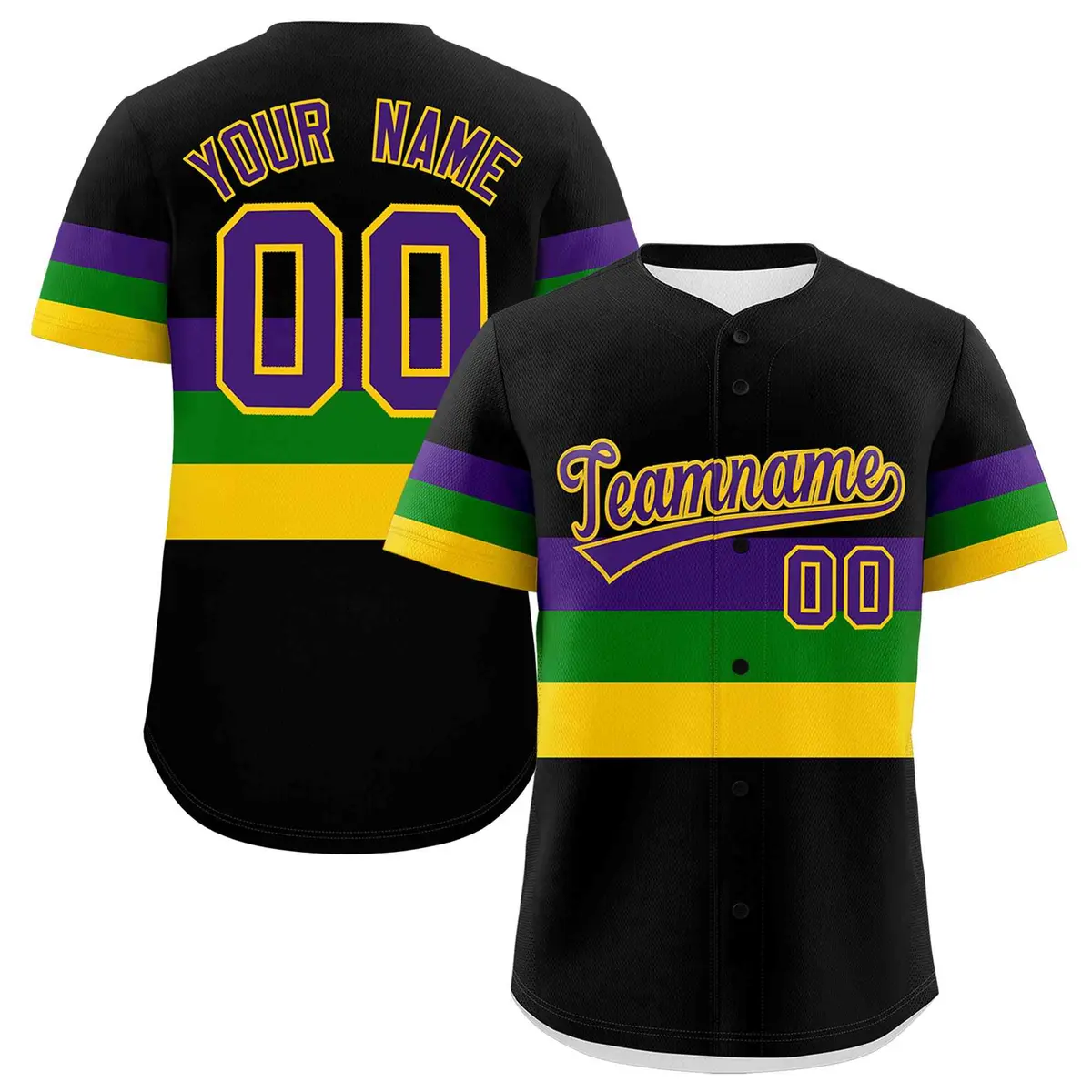Black Purple Kelly Green Gold Mardi Gras Baseball Jersey