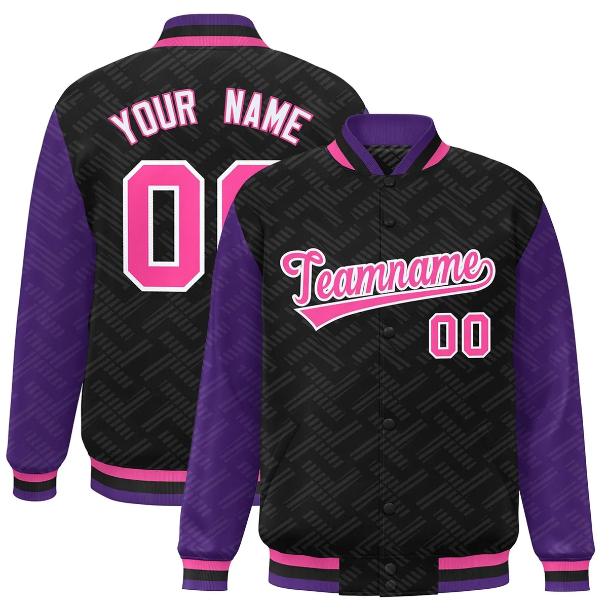 Black Purple L Pattern Full-Snap Raglan Letterman Baseball Jacket