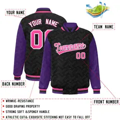 Black Purple L Pattern Full-Snap Raglan Letterman Baseball Jacket 2