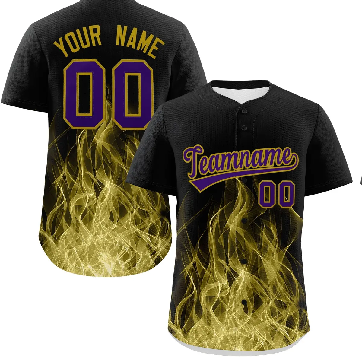 Black Purple Old Gold Flame Graffiti Pattern Baseball Jersey