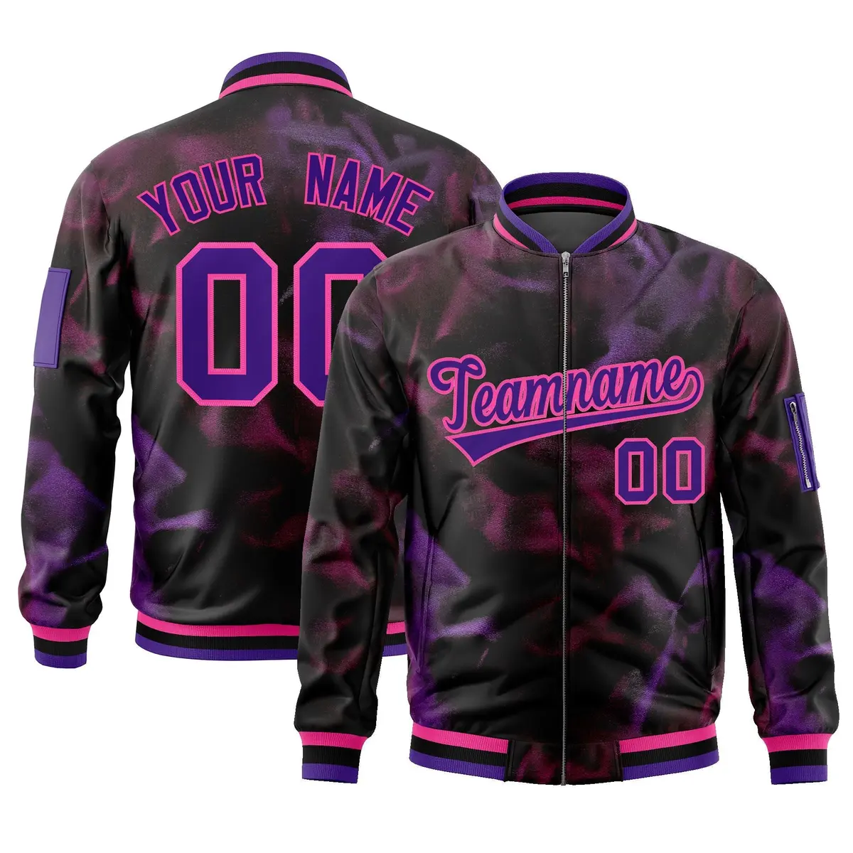 Black Purple-Pink Blur Spray Varsity Full-Zip Letterman Bomber Jacket