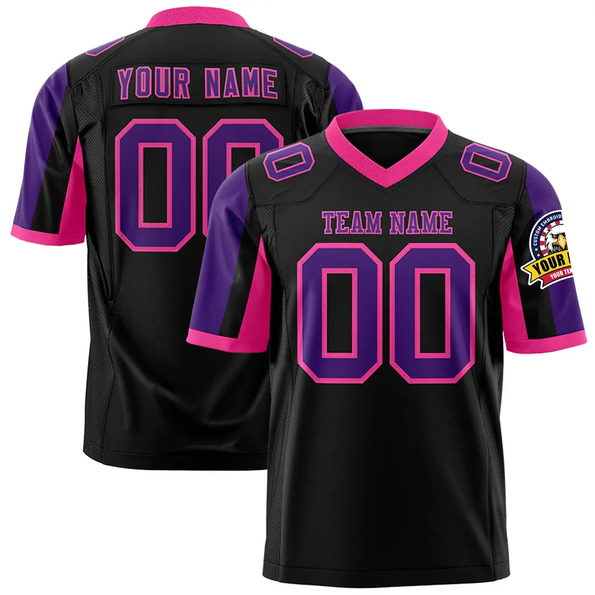 Black Purple-Pink Color Block Raglan Sleeves Football Jersey