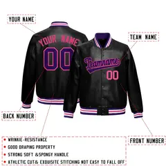 Black Purple Pink Full-Snap Faux Leather Varsity Letterman Jacket 2