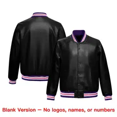 Black Purple Pink Full-Snap Faux Leather Varsity Letterman Jacket 6