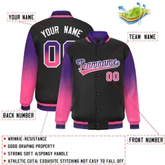 Black Purple-Pink Gradient Varsity Full-Snap Raglan Baseball Jacket 2