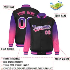 Black Purple-Pink Gradient Varsity Full-Snap Raglan Baseball Jacket 2