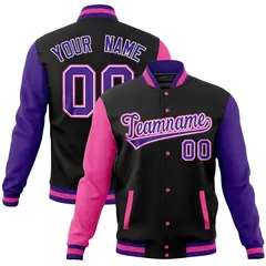 Black Purple-Pink Raglan Sleeves Full-Snap Letterman Jacket 1