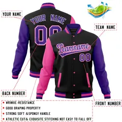 Black Purple-Pink Raglan Sleeves Full-Snap Letterman Jacket 4