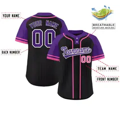 Black Purple-Pink Stripe Raglan Two-Button Softball Jersey 2
