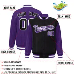 Black Purple Pinstripe Raglan Varsity Letterman Baseball Jacket 2