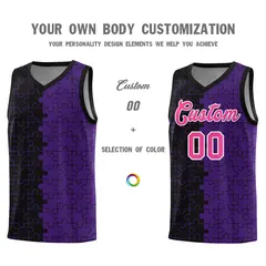Black Purple Puzzle Pattern Splid Basketball Kits 3
