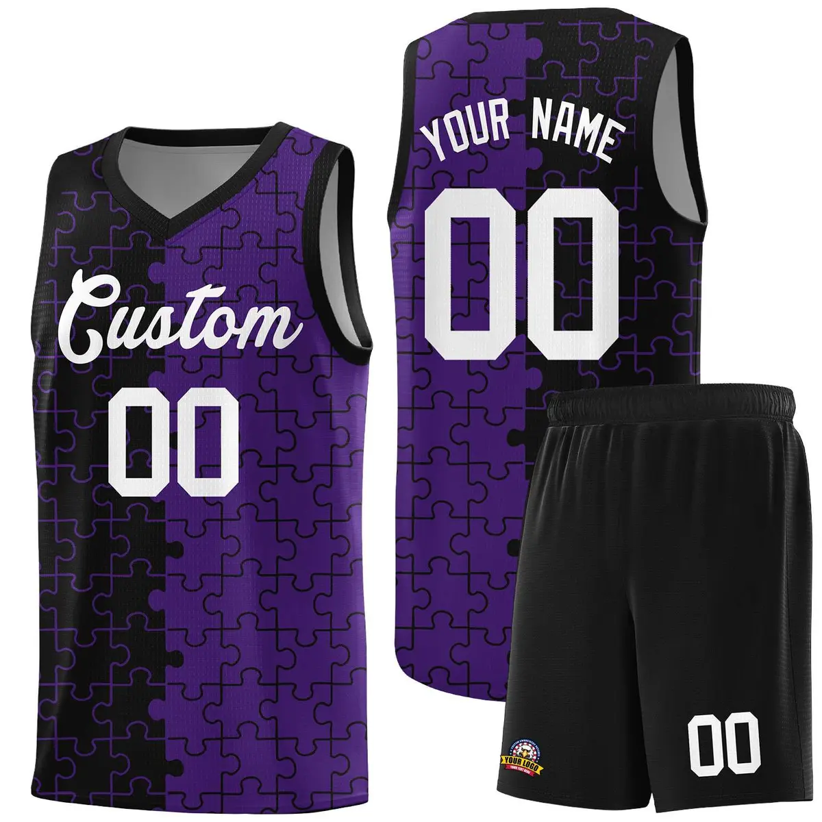 Black Purple Puzzle Pattern Splid Basketball Kits