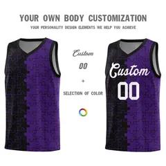 Black Purple Puzzle Pattern Splid Basketball Kits 3