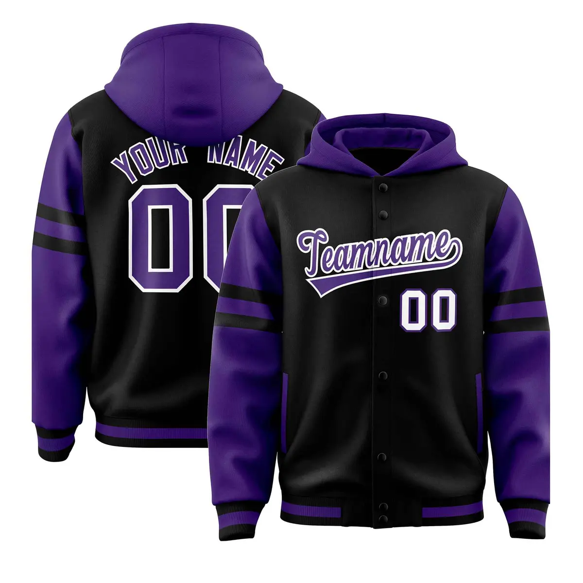 Black Purple Raglan Full-Snap Varsity Letterman Three Stripes Jacket Hoodie