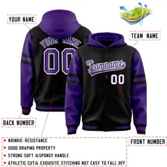 Black Purple Raglan Full-Snap Varsity Letterman Three Stripes Jacket Hoodie 4