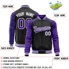 Black Purple Raglan Full-Zip Letterman Baseball Jacket 4