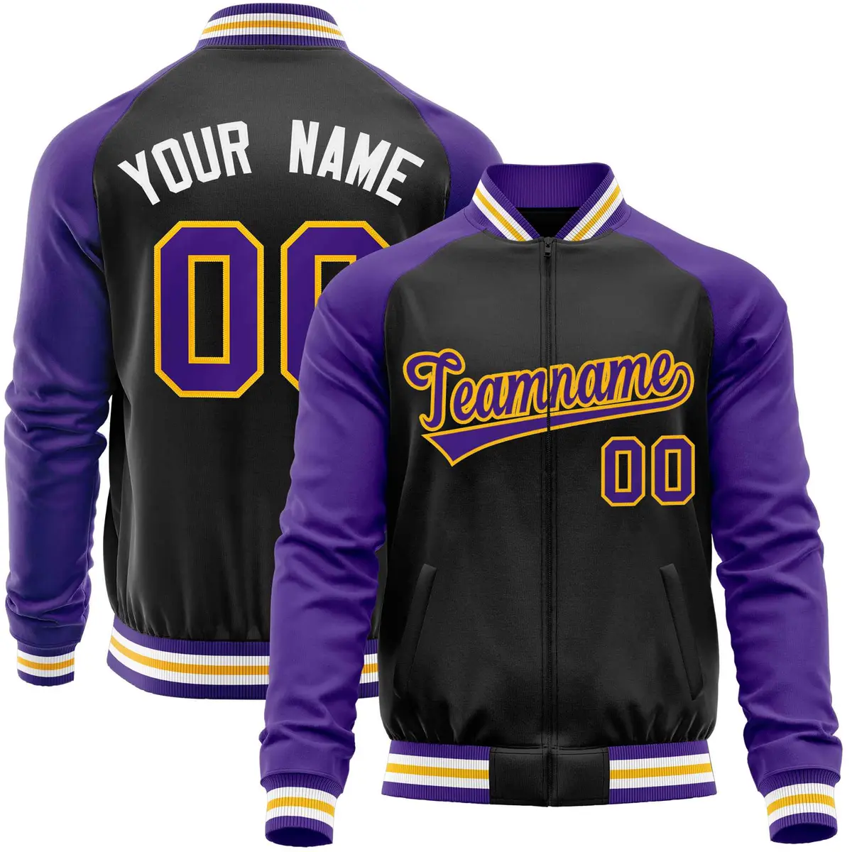 Black Purple Raglan Full-Zip Letterman Baseball Jacket