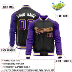 Black Purple Raglan Full-Zip Letterman Baseball Jacket 4