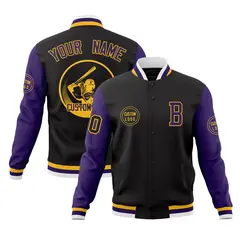 Black Purple Raglan Sleeves Full-Snap Varsity Letterman Jacket 1